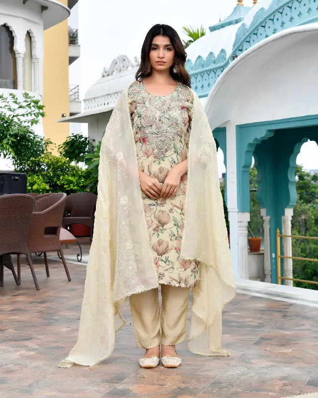 Vaasva Women Cream Tissue Embroidered Suit Set With Solid Pant And Embroidered Dupatta-151VAASCREAM