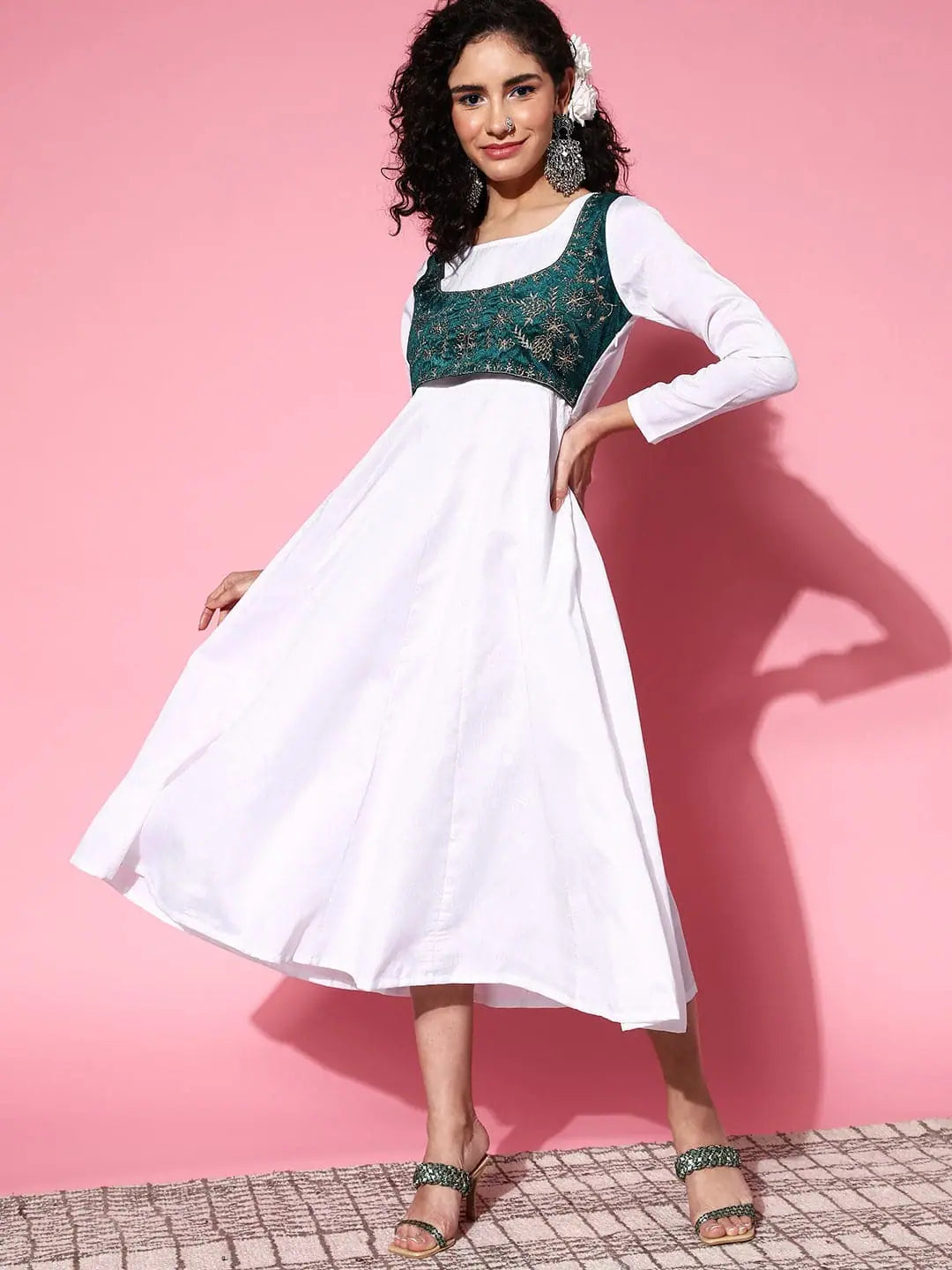 Women White Velvet Embroidered Jacket Anarkali Dress