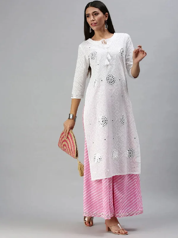 Women's White & Pink Printed Kurta Sets-JC05-White-Pink