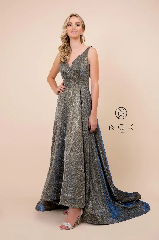 Long Metallic Prom Dress Evening Gown with Pockets