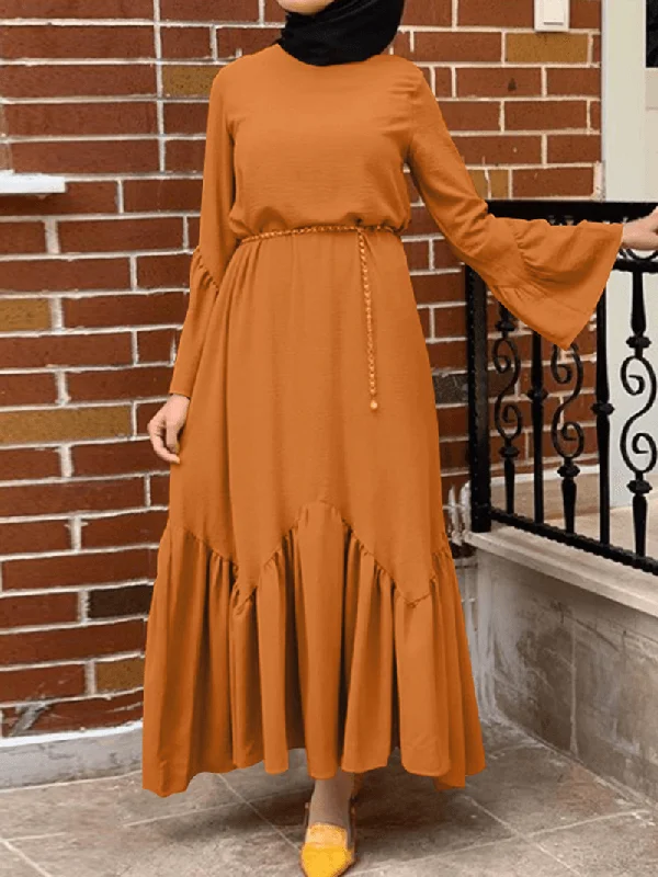 Women Solid Color Ruffle Long Sleeve Simple Kaftan Maxi Dresses