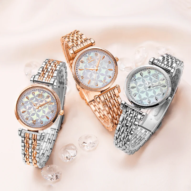 SHENGKE SK K0136 Crystal Dial Flower Pattern Stainless Steel Ladies Dress Women Quartz Watch