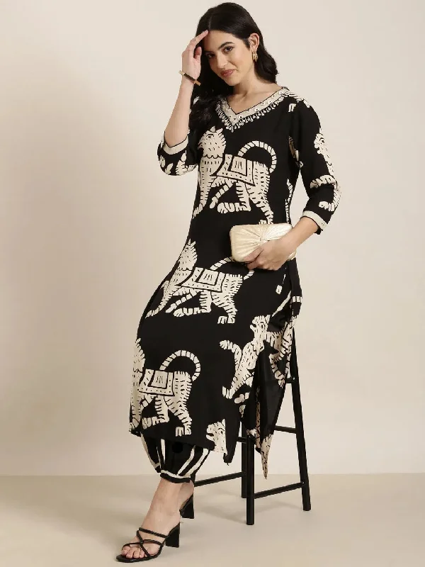 Women Straight Black Ethnic Motifs Kurta and Patiala Set-GW-4371-Black