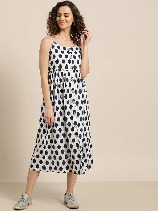 Navy Polka Strappy Front Button Dress