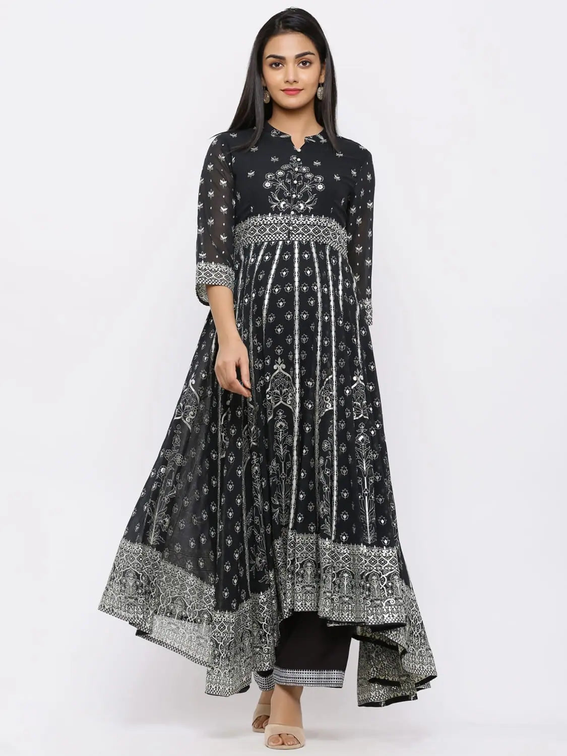 Juniper Black Georgette Printed Anarkali Kurta With Palazzo