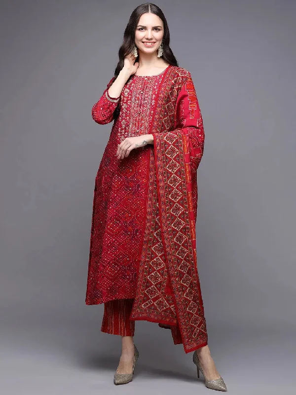 Silk Blend Red Bandhej Straight Kurta Pant