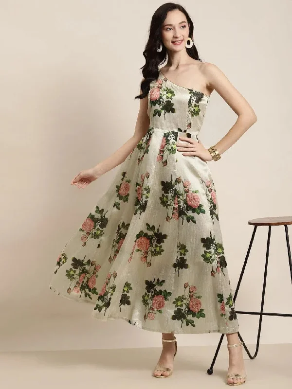 Beige Floral One Shoulder Anarkali Maxi