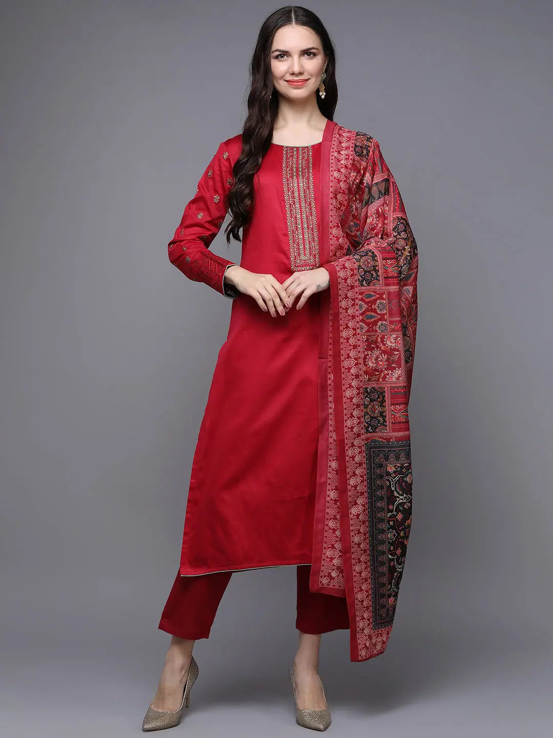 Cotton Red Embroidered Straight Kurta Pant With-VKSKD1950_XS