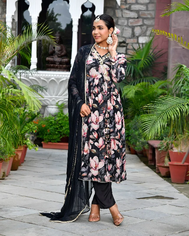 Vaasva Women Chinon Emboidered Angrakha Anarkali Set With Solid Pant & Solid Embroidered Dupatta-167VAASBLACK