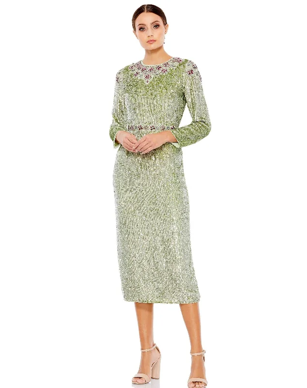 Mac Duggal 93568 Long Sleeve Floral Beaded Tea Length Dress