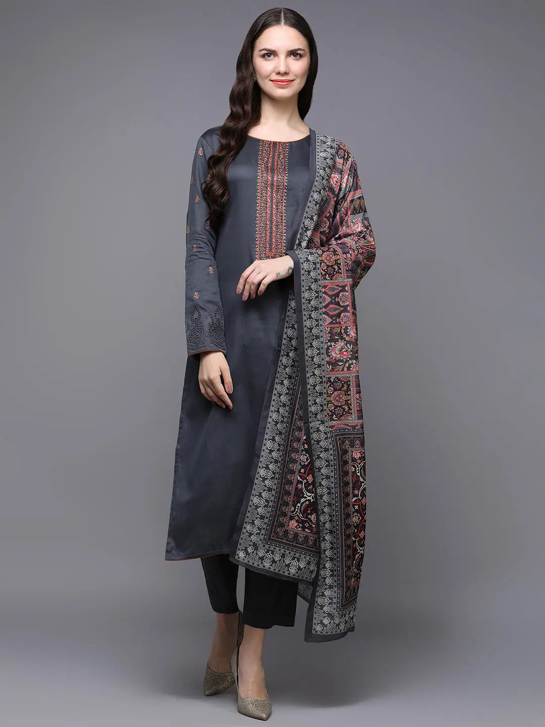 Cotton Grey Embroidered Straight Kurta Pant With-VKSKD1949_XS