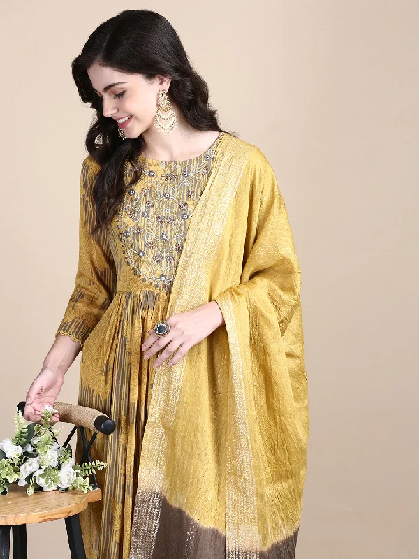 Women Floral Mustard Straight Kurta Set with Dupatta-BC-SK-1818-Mustard