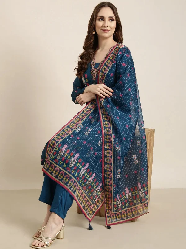 Women Straight Blue Floral Kurta and Trousers Set Comes With Dupatta-GW-4555-Blue