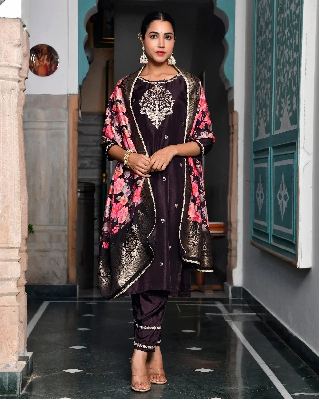 Vaasva Women Silk Emboidered Solid Pant Set & Digital Printed Dupatta-169VAASWINE