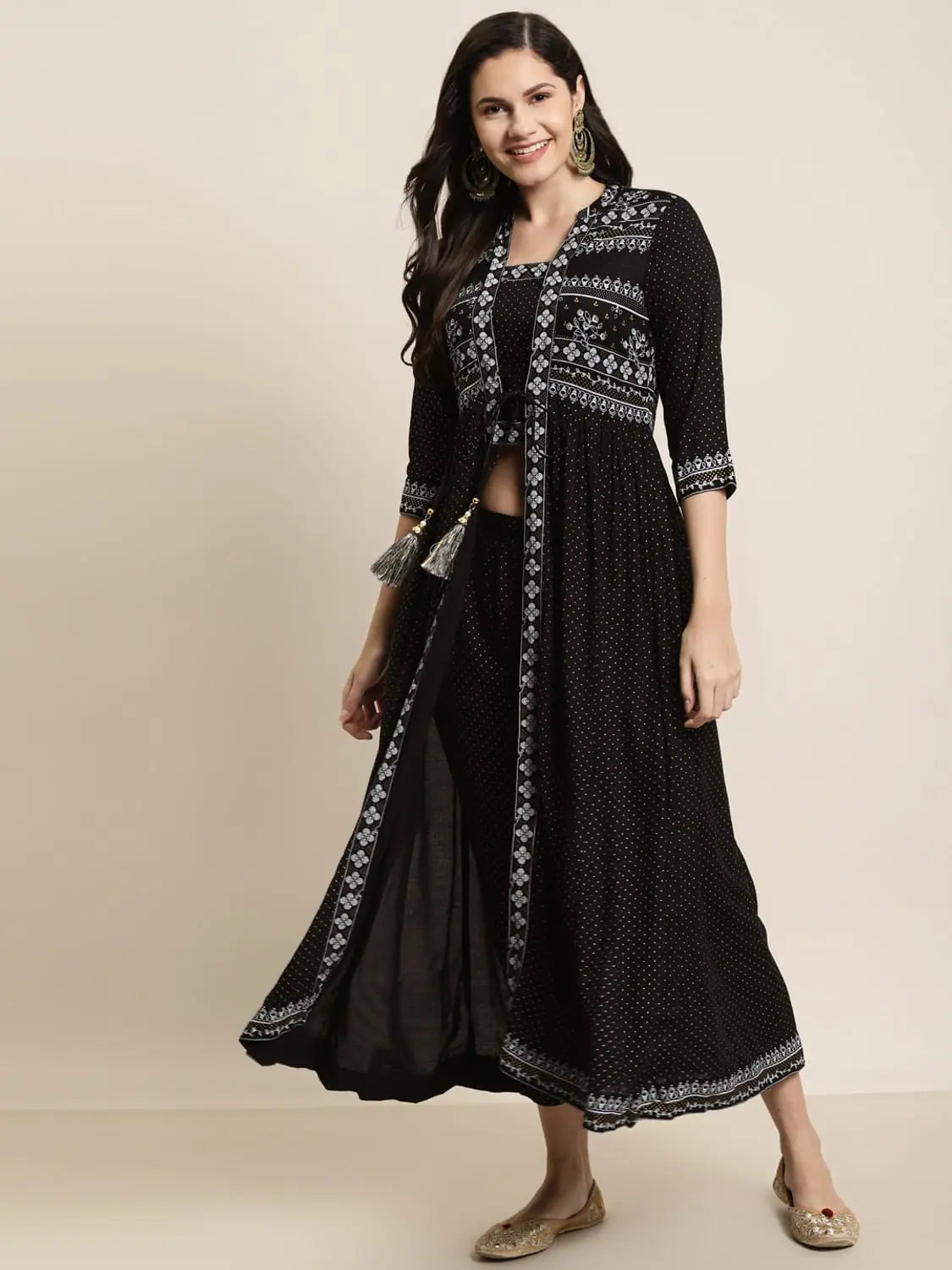 Juniper Black Rayon Printed Jacket Style Kurta Pant Set