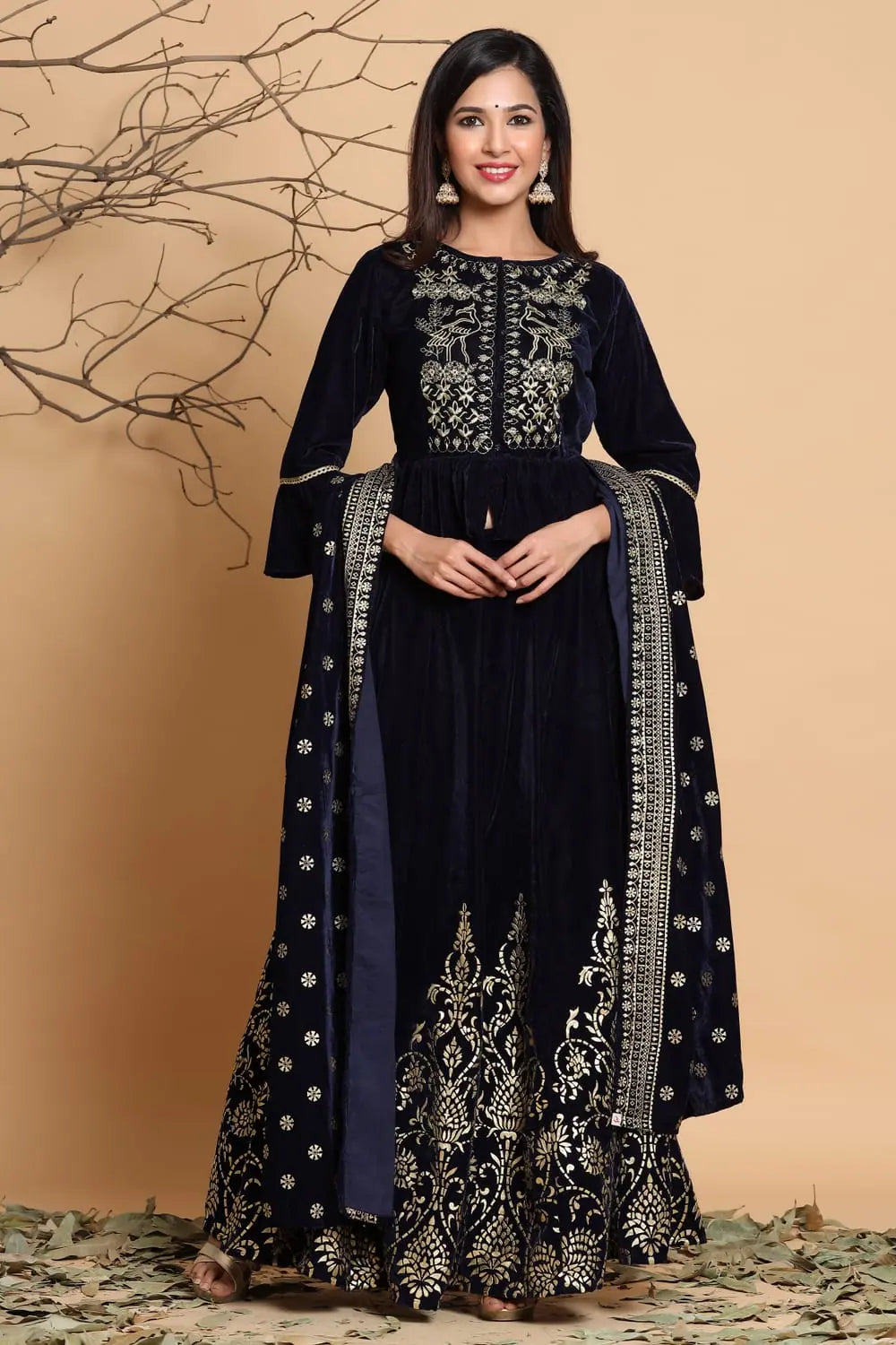 Juniper Navy Velvet Emboss Print Lehenga Choli Dupatta Set