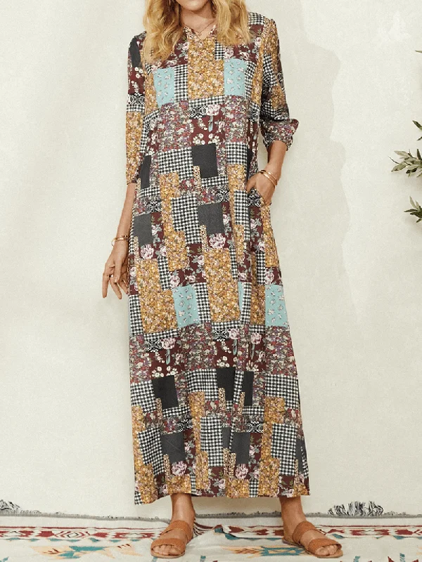 Women Colorblock Floral Plaid Print Vintage Maxi Dress with Pocket