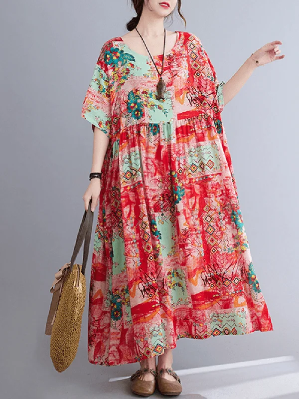 O-Neck Floral Loose Bohemian Casual Summer Dress for Women