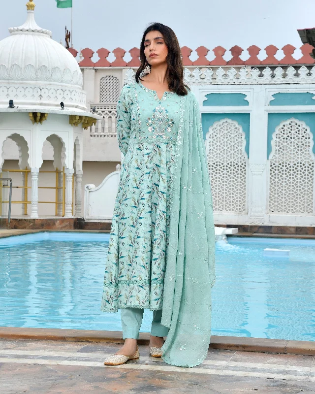 Vaasva Women Sky Blue Cotton Anarkali Set With Solid Pant And Embroidered Dupatta-150VAASSKY