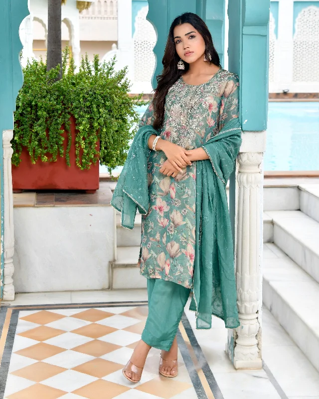 Vaasva Women Teal Tissue Embroidered Suit Set With Solid Pant And Embroidered Dupatta-151VAASTEAL