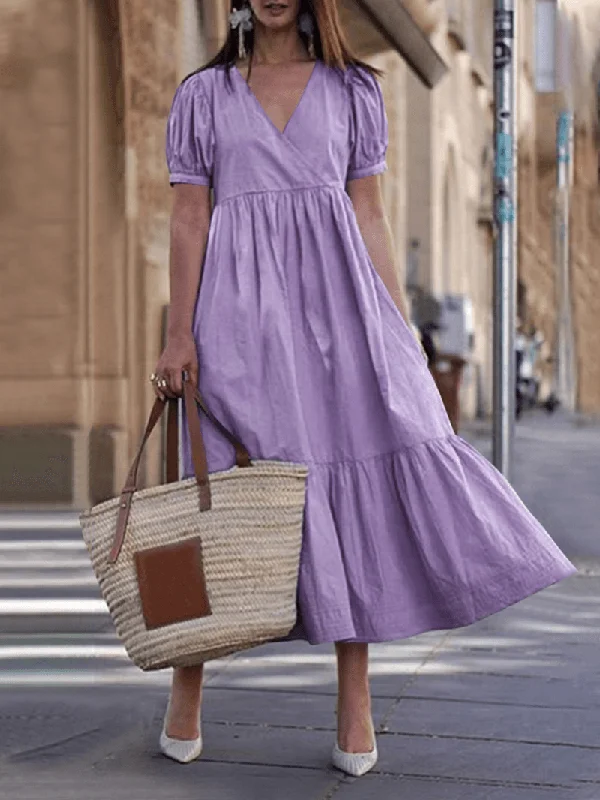 Women Cotton V-Neck Puff Sleeve Holiday Pleated Stitching Maxi Dress