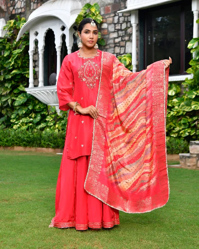 Vaasva Women Silk Red Emboidered Solid Kurta, Sharara & Dupatta Set-168VAASVERMILLION