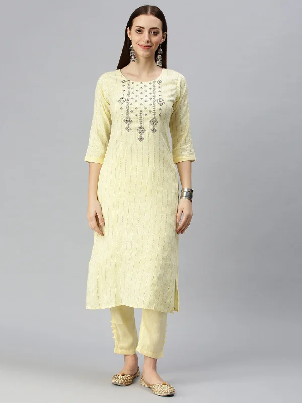 Women Straight Yellow Striped Kurta and Trousers-SKC3204-Yellow