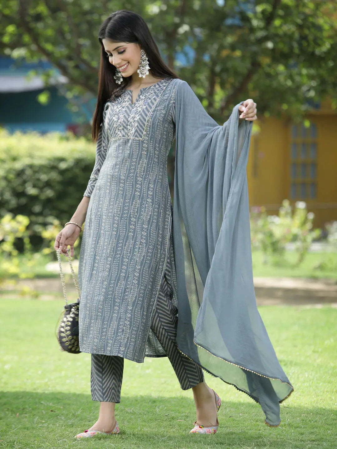 Juniper Grey Muslin Festive Printed Straight Skd For Women