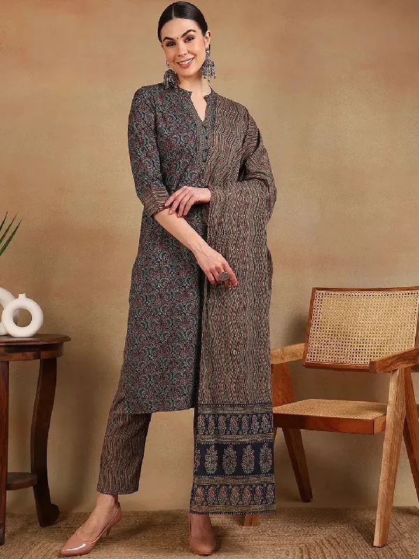 Ahika Women Blue Rayon Blend Printed Straight Kurta Pant Set-VKSKD2129A_XS