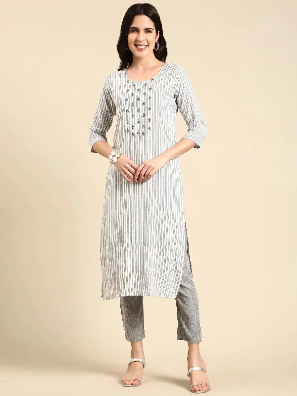 Women's White Striped Kurta Set-SKC-803-White