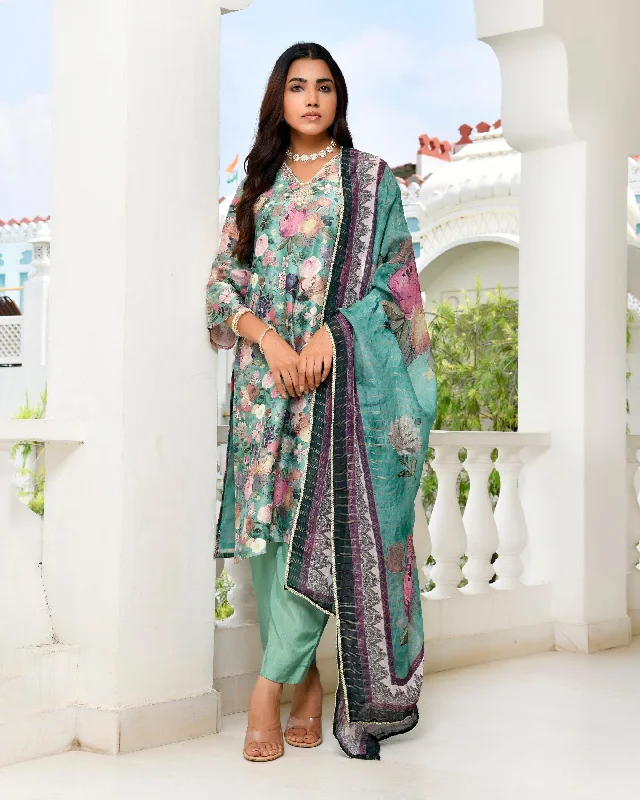 Vaasva Women Green Tissue Gota Embroidered Suit Set With Solid Pant And Embroidered Dupatta-152VAASGREEN