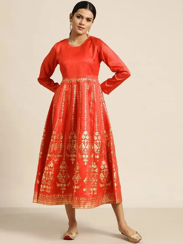 Red Gold Foil Print Anarkali Maxi Dress