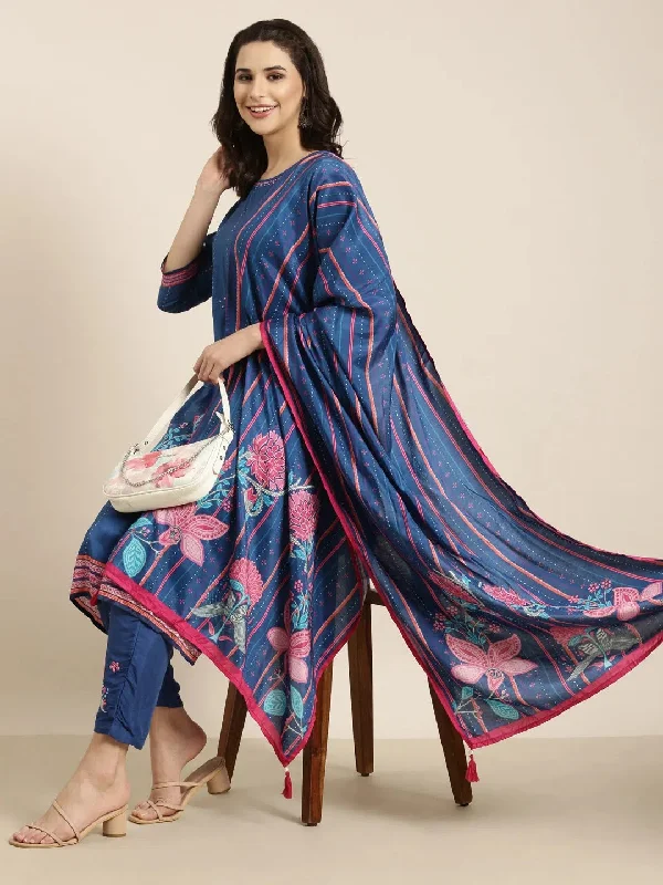 Women Straight Blue Floral Kurta and Trousers Set Comes With Dupatta-UB-3144-Blue