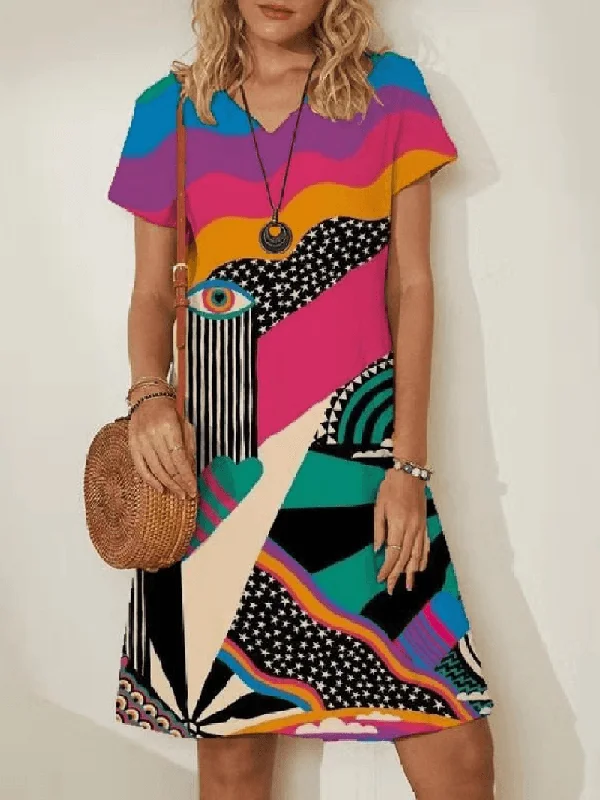 Women Colorful Mixed Abstract Print V-Neck Casual Short Sleeve Midi Dresses