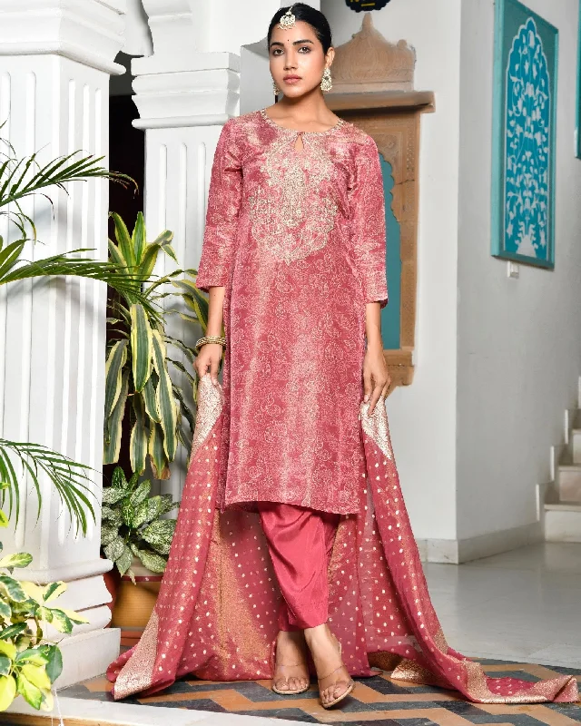 Vaasva Women Digital Printed Tissue Suit Set With Solid Pant & Brocade Dupatta-165VAASNUDEPINK