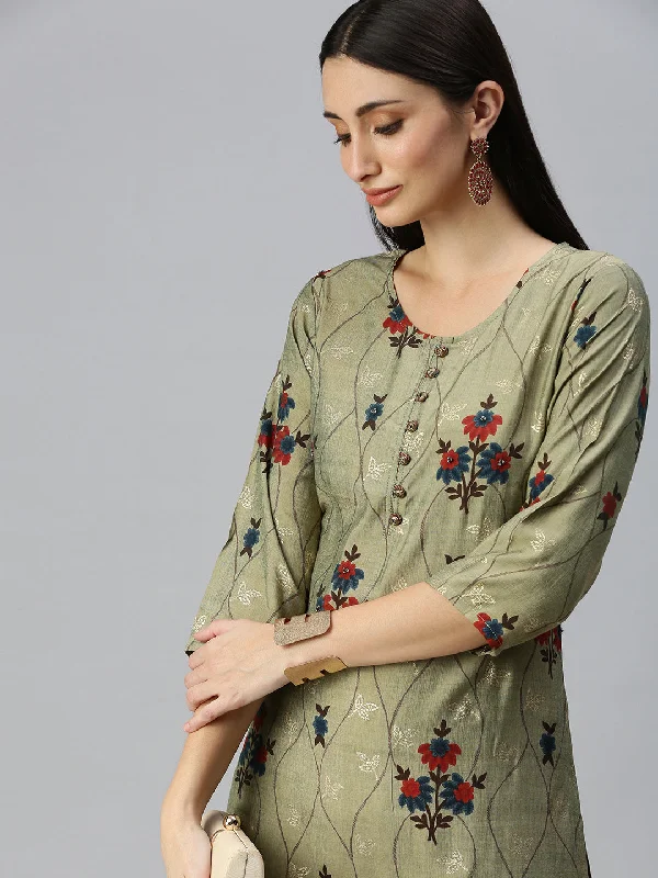 Women Straight Olive Printed Kurta and Palazzos-UB1970-Olive