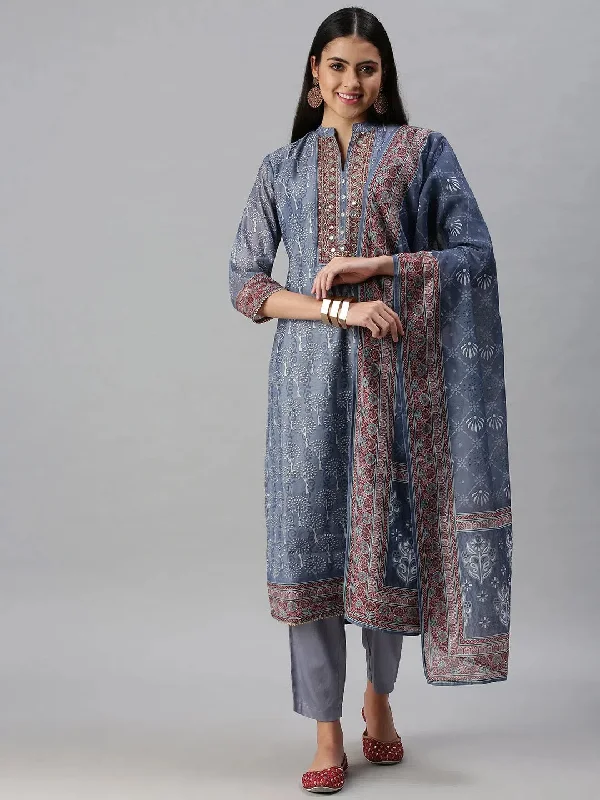 Women's Grey & Blue Printed Kurta Sets-BC1333-Grey