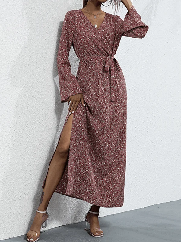 Women Ethnic Style Print Long Sleeve Side Split Casual Maxi Dresses