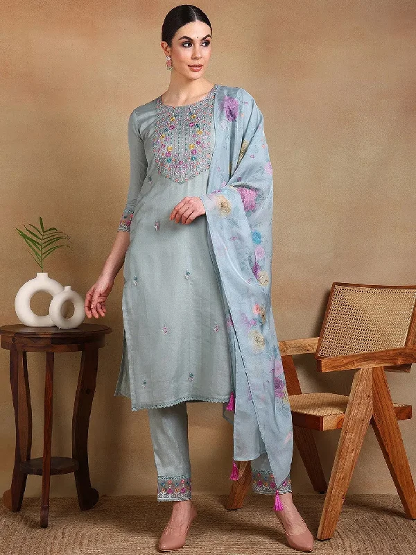 Ahika Women Grey Organza Embroidered Straight Kurta Pant Set With Dupatta-PKSKD2338_S