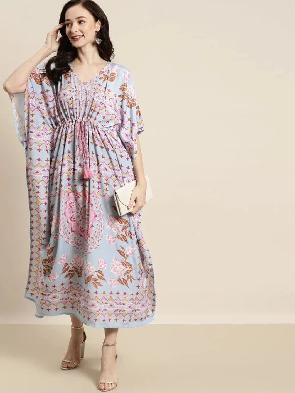 Women Sky Blue Floral Kaftan Dress