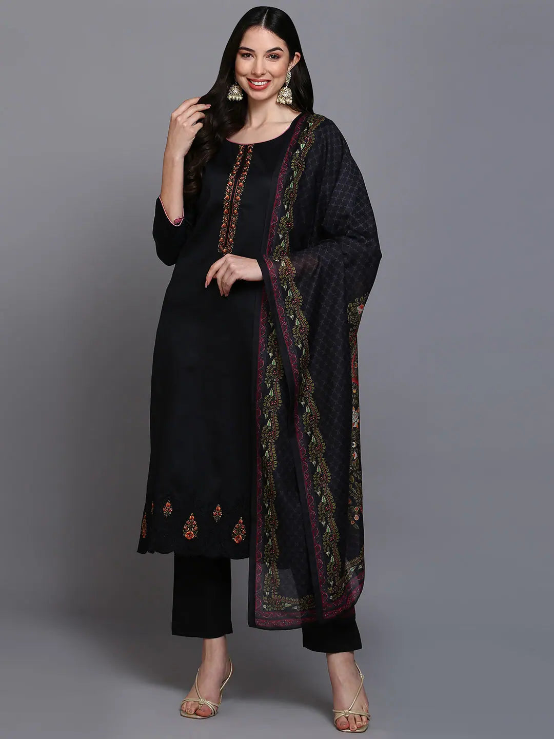 Cotton Black Embroidered Straight Kurta Pant With