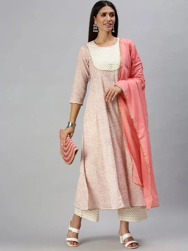 Women's White & Pink Printed Kurta Sets-BS1595B-White-Pink