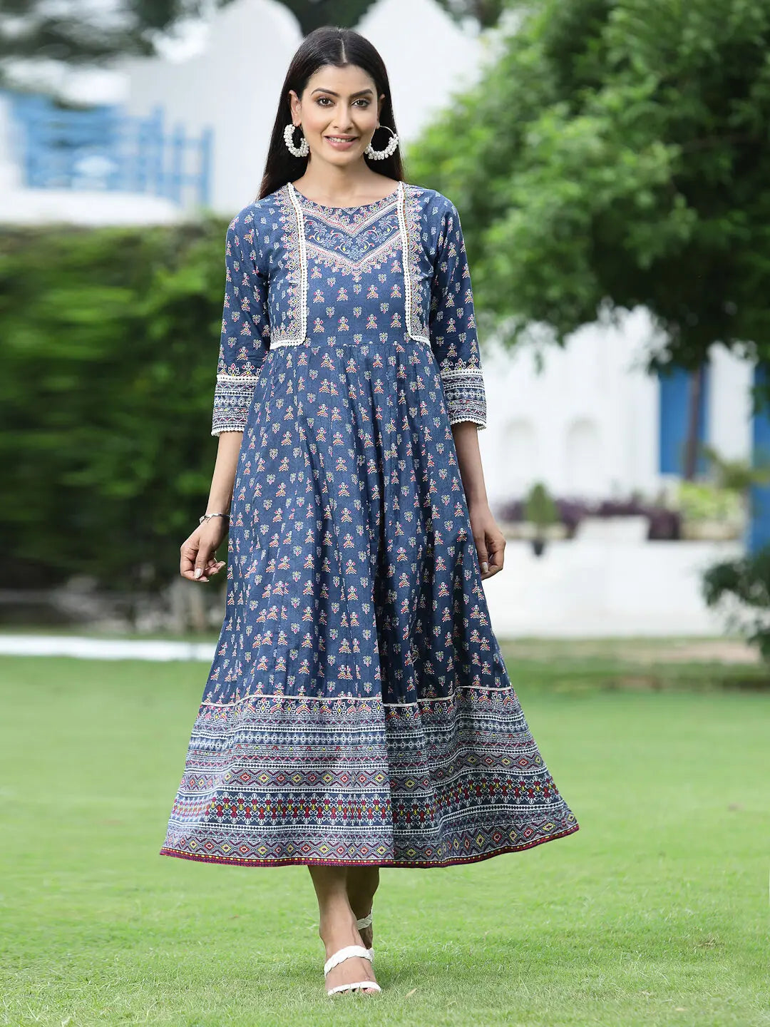 Juniper Women's Indigo Cambric Printed Anarkali Dress