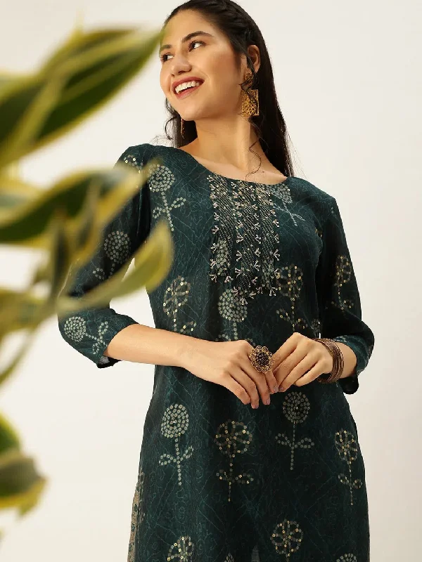 Women's Blue Printed Kurta Sets-FS-2111-Teal