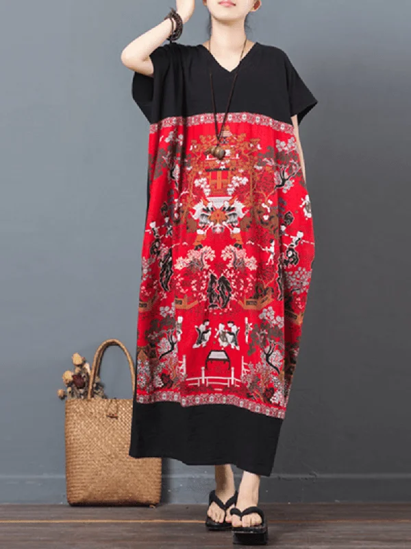 Folk Style Print Patchwork Maxi Dresses