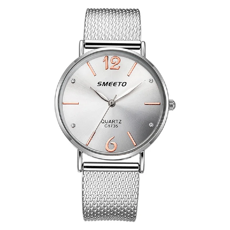 SMEETO Casual Style Women Quartz Watch Fashion Dial Stainless Steel Strap Ladies Dress Wristwatch