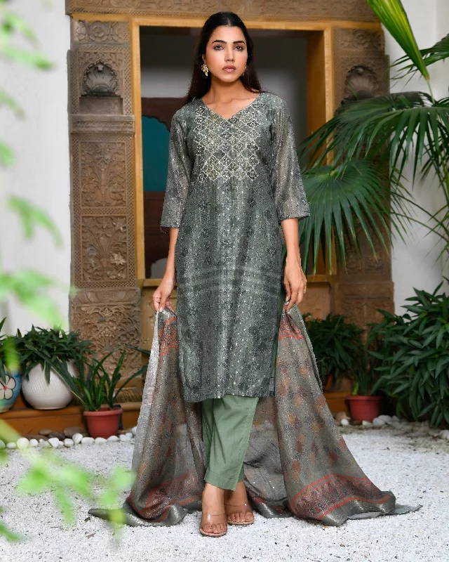 Vaasva Women Chanderi Printed Suit Set With Pant And Printed Dupatta-156VAASOLIVEGREEN