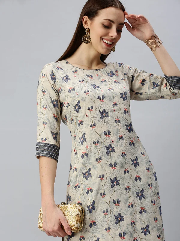 Women Straight Beige Printed Kurta and Trousers-SKC3160-Beige