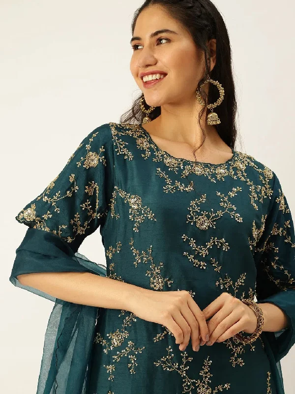 Women's Blue Solid Kurta Sets-SB-48757-Teal