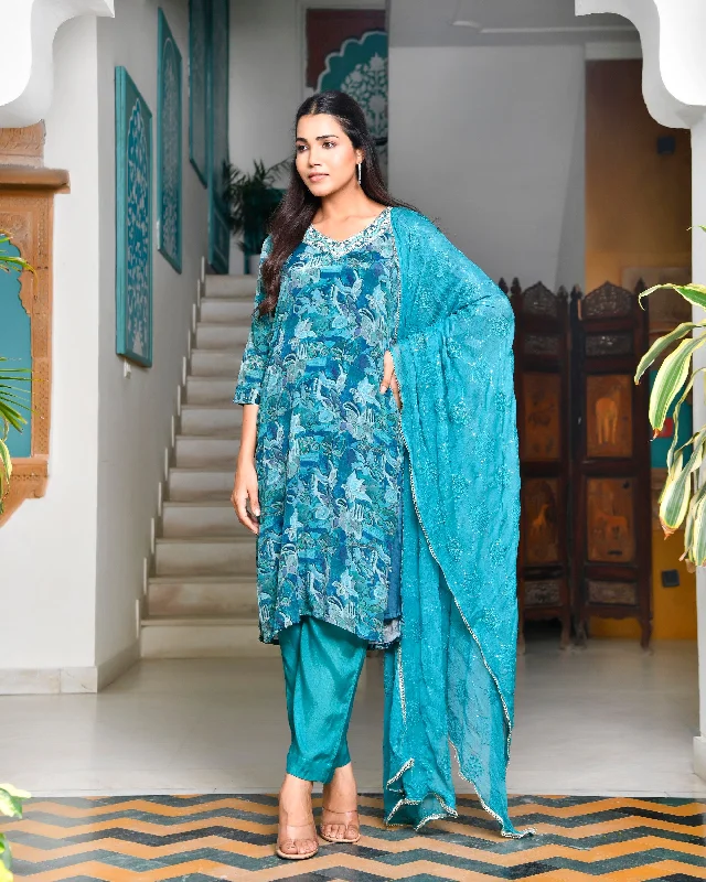 Vaasva Women Teal Crepe Embroidered Suit Set-155VAASTEAL